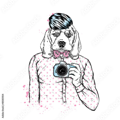 A man with a dog head. The dog is a hipster in a stylish shirt, with a fashionable hairstyle and a camera. Fashion and Style. Vector illustration.