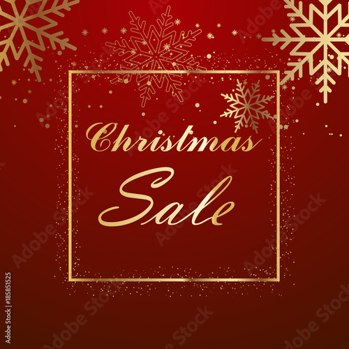 Christmas sale background with gold frame and snowflakes. Vector