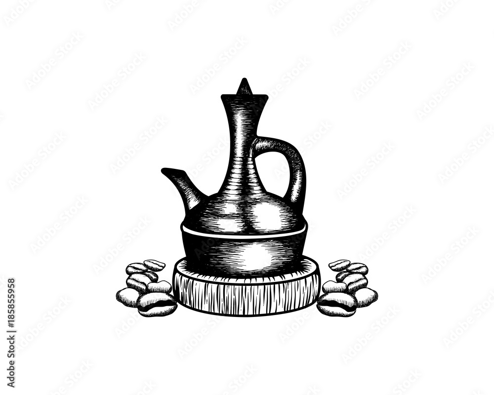 Jebena Coffee Pot with Coffee Bean on the Cafe or Restaurant Illustration Hand Drawing Logo Vector Stock Adobe Stock