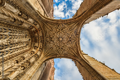 Closeup view of a medieval cathedral's entrance from ground up photo