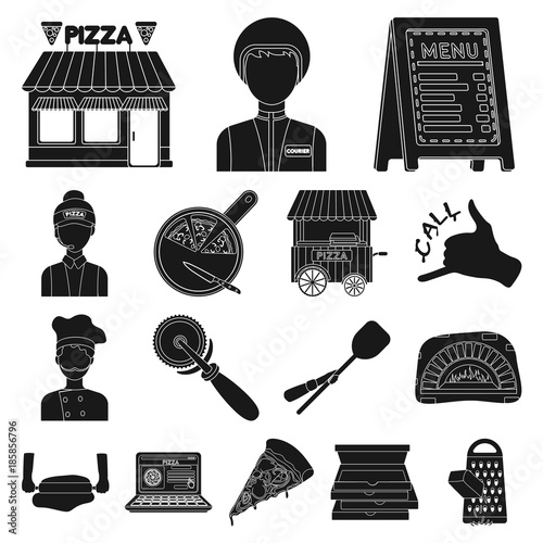 Pizza and pizzeria black icons in set collection for design. Staff and equipment vector symbol stock web illustration.
