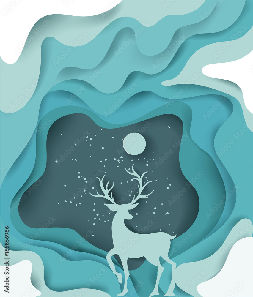 Φωτογραφία paper art landscape of Christmas and happy new year with tree and reindeer design