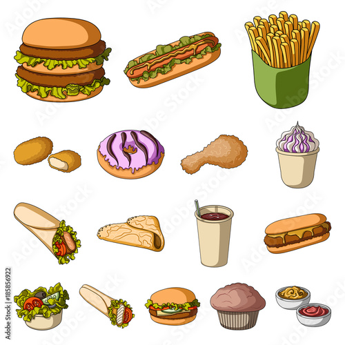 Fast food cartoon icons in set collection for design.Food from semi-finished products vector symbol stock web illustration.
