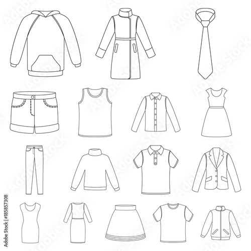 Different kinds of clothes outline icons in set collection for design. Clothes and style vector symbol stock web illustration.