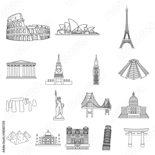 Sights of different countries outline icons in set collection for design. Famous building vector symbol stock web illustration.
