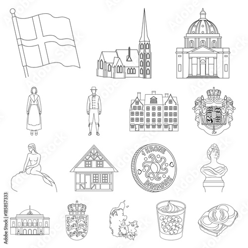 Country Denmark outline icons in set collection for design. Travel and attractions Denmark vector symbol stock web illustration.