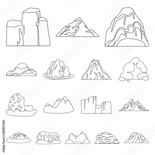 Different mountains outline icons in set collection for design.Mountains and landscape vector symbol stock web illustration.