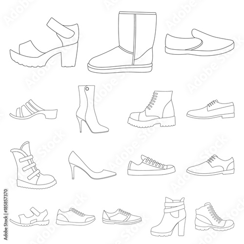 Different shoes outline icons in set collection for design. Men's and women's shoes vector symbol stock web illustration.