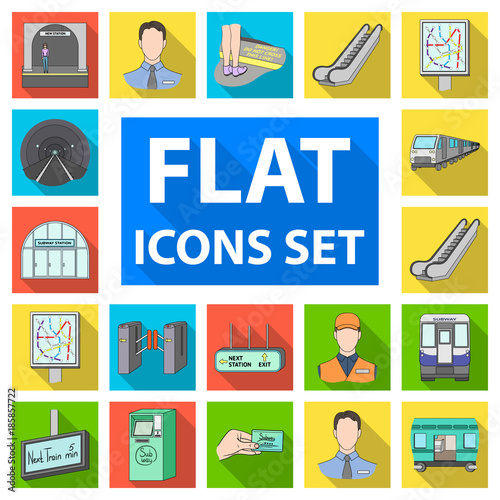 Metro, subway flat icons in set collection for design.Urban transport vector symbol stock web illustration.