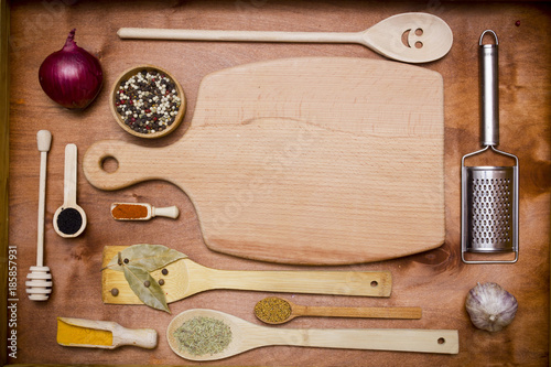 Set of wooden utensils and spices