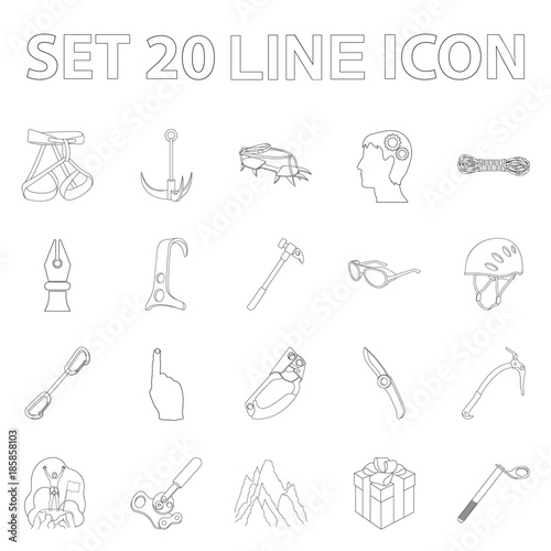 Mountaineering and climbing outline icons in set collection for design. Equipment and accessories vector symbol stock web illustration.