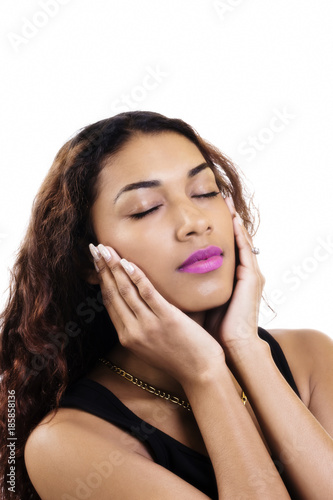 Closed-Eyes Portrait Attractive Latina Woman With Hands
