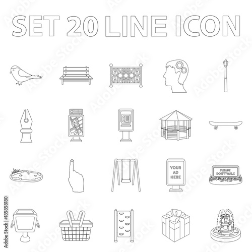 Park, equipment outline icons in set collection for design. Walking and rest vector symbol stock web illustration.