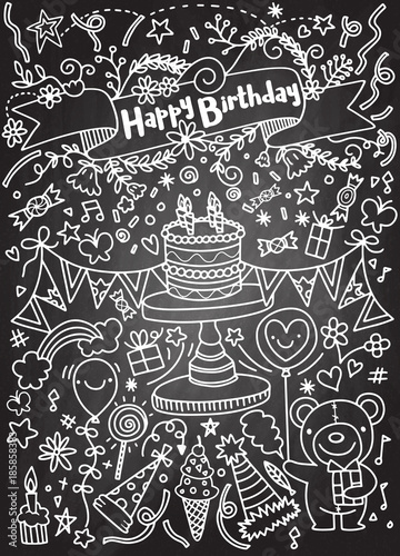 Birthday party doodles and love confession signs. Isolated vector set.