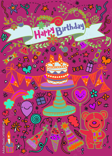 Birthday party doodles and love confession signs. Isolated vector set.