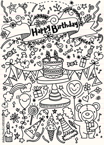 Birthday party doodles and love confession signs. Isolated vector set.