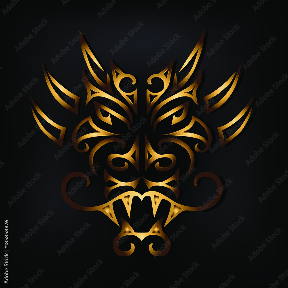 Golden dragon head isolated on black background. Stylized Maori face ...