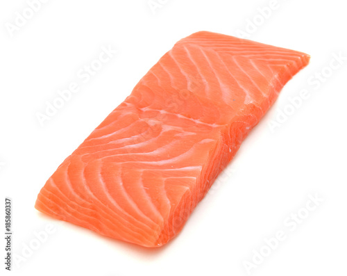 Raw salmon fillet on white background