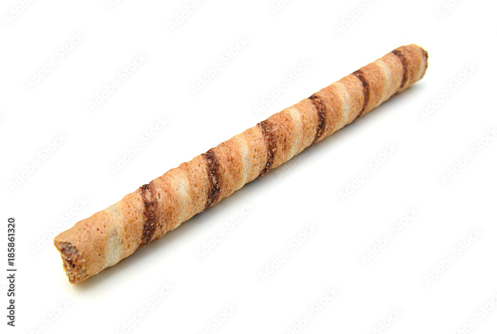 Wafer roll with chocolate and cocoa coating on a white background Wafer roll with chocolate and cocoa coating on a white background