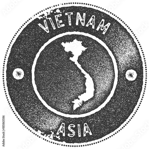Vietnam map vintage stamp. Retro style handmade label, badge or element for travel souvenirs. Dark grey rubber stamp with country map silhouette. Vector illustration.