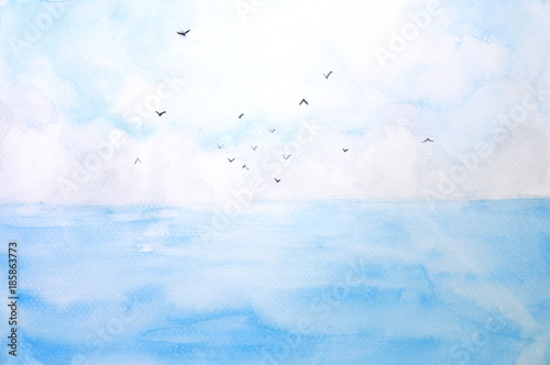 Obraz na płótnie akwarela krajobraz morze i niebo z ptakami