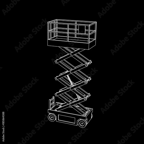 Scissors lift platform. Isolated on black background.Vector outline illustration.