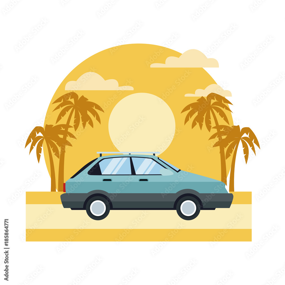 Car sideview vehicle on sunset landscape icon vector illustration