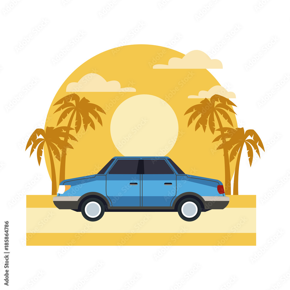 Car sideview vehicle on sunset landscape icon vector illustration