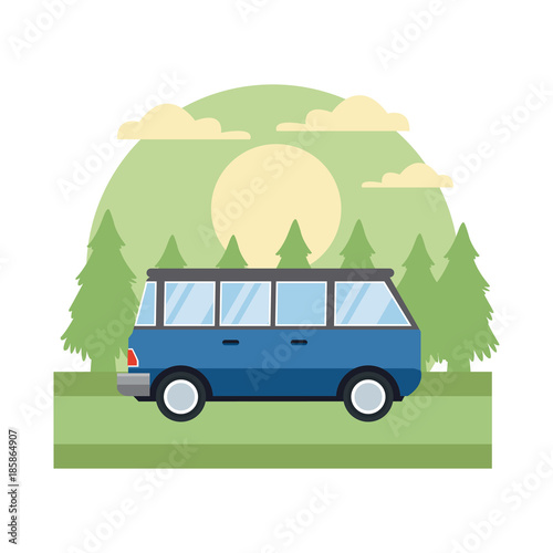 Vintage van vehicle In the forest icon vector illustration