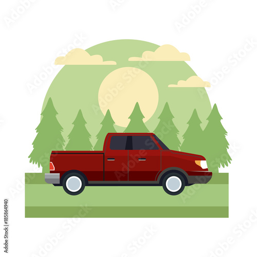 Fototapeta Naklejka Na Ścianę i Meble -  Pick up vehicle In the forest icon vector illustration