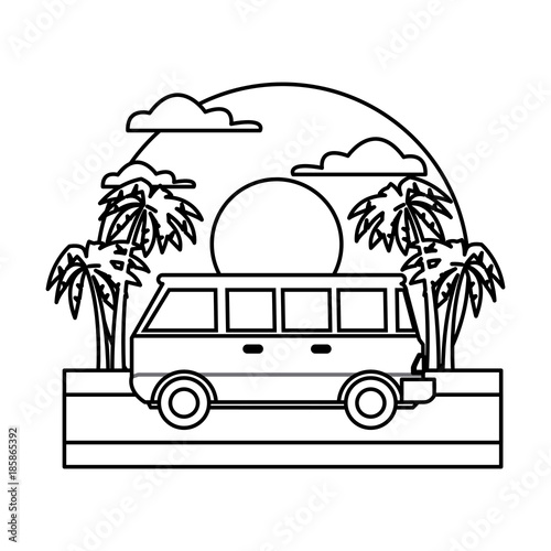 Vintage van vehicle on sunset landscape icon vector illustration