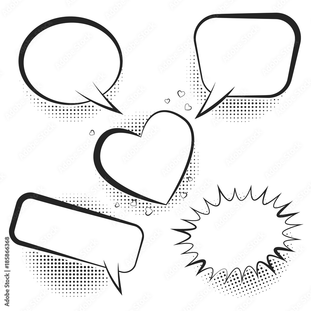 Set of white empty retro comic speech bubbles with black halftone ...