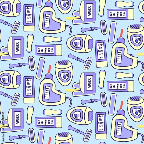 Vector colorful seamless pattern with blue and yellow hair removal equipment. Cute epilatory and depilatory texture with razor, epilator, laser, wax for textile, wrapping paper, background, web design