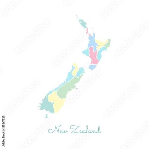 New Zealand region map: colorful with white outline. Detailed map of New Zealand regions. Vector illustration.