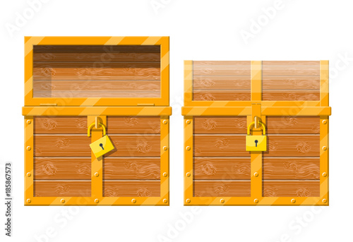 Opened and closed chest with padlock.