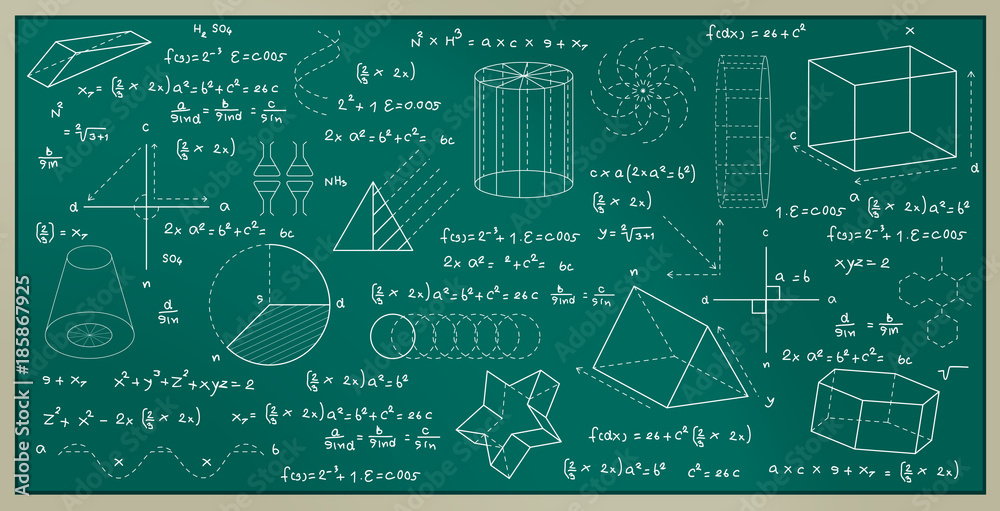 Blackboard with geometric figures and numbering formulas. - obrazy, fototapety, plakaty 