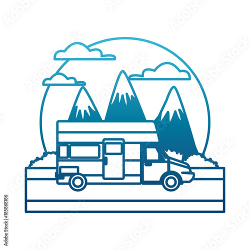 Caravan car vehicle between mountains landscape icon vector illustration