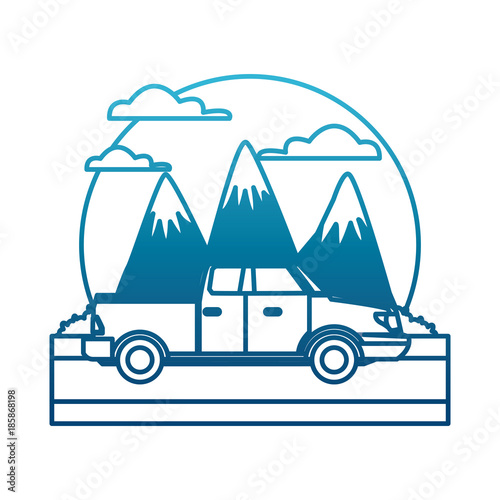 Pick up vehicle between mountains landscape icon vector illustration