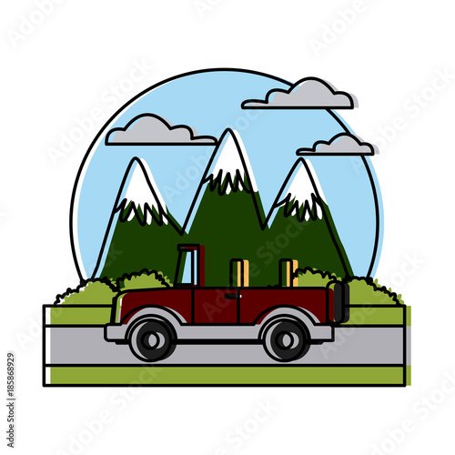 Off road sport truck between mountains landscape icon vector illustration