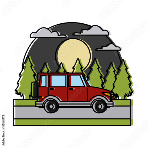 SUV sport vehicle In the forest icon vector illustration © Jemastock