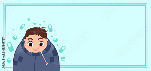 Young man having a cold, holding thermometer in mouth during winter flu season, cartoon style vector illustration