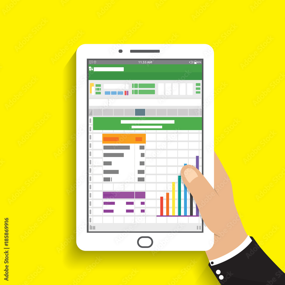 hand holding tablet. businessman read spreadsheet financial analysis report with chart and graph. flat design for business concept. hand holding tablet. businessman read spreadsheet financial analysis report with chart and graph. flat design for business concept.