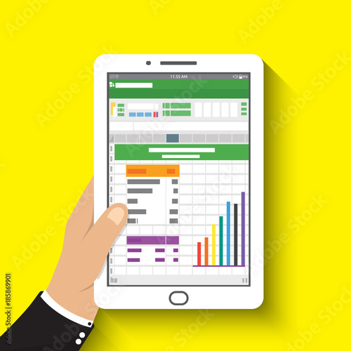 hand holding tablet. businessman read spreadsheet financial analysis report with chart and graph. flat design for business concept.