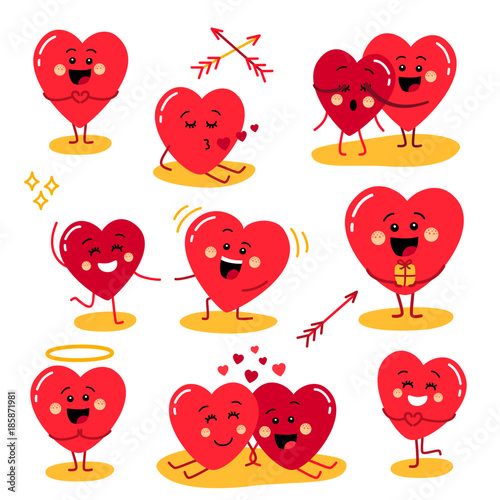 Cute set of holiday Valentines day funny cartoon character of emoji hearts