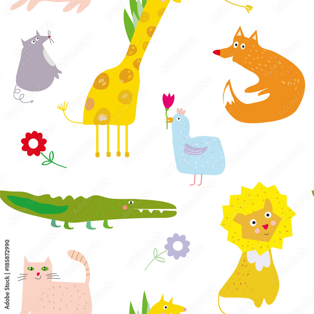 Naklejka premium Animals seamless pattern, funny design. Vector graphic illustration