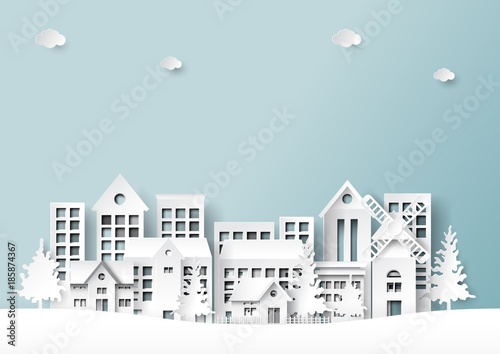 Beautiful city on landscape scene paper art style background.Vector illustration.