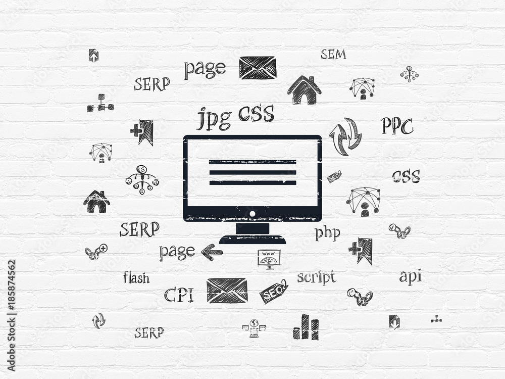 Web design concept: Painted black Monitor icon on White Brick wall background with  Hand Drawn Site Development Icons