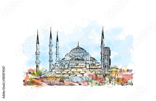 Watercolor splash with hand drawn sketch of The Blue Mosque, (Sultanahmet Camii), Istanbul, Turkey in vector.
