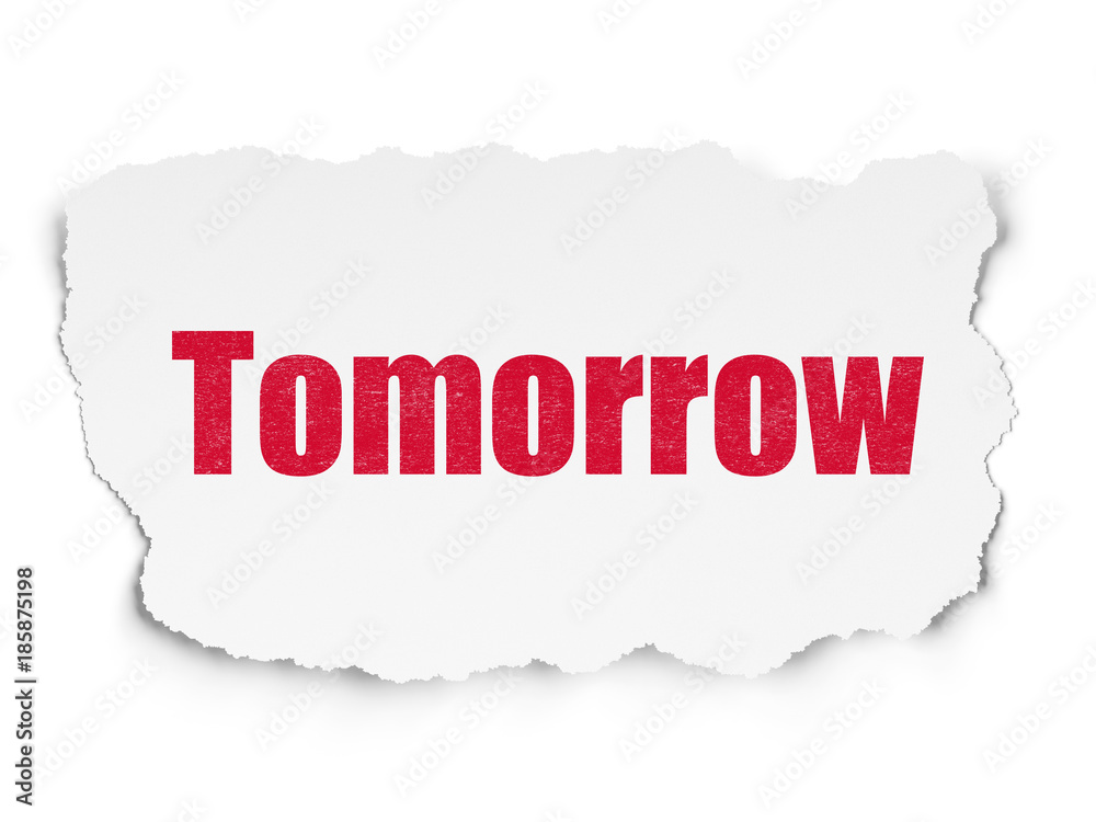 Timeline concept: Painted red text Tomorrow on Torn Paper background with  Tag Cloud