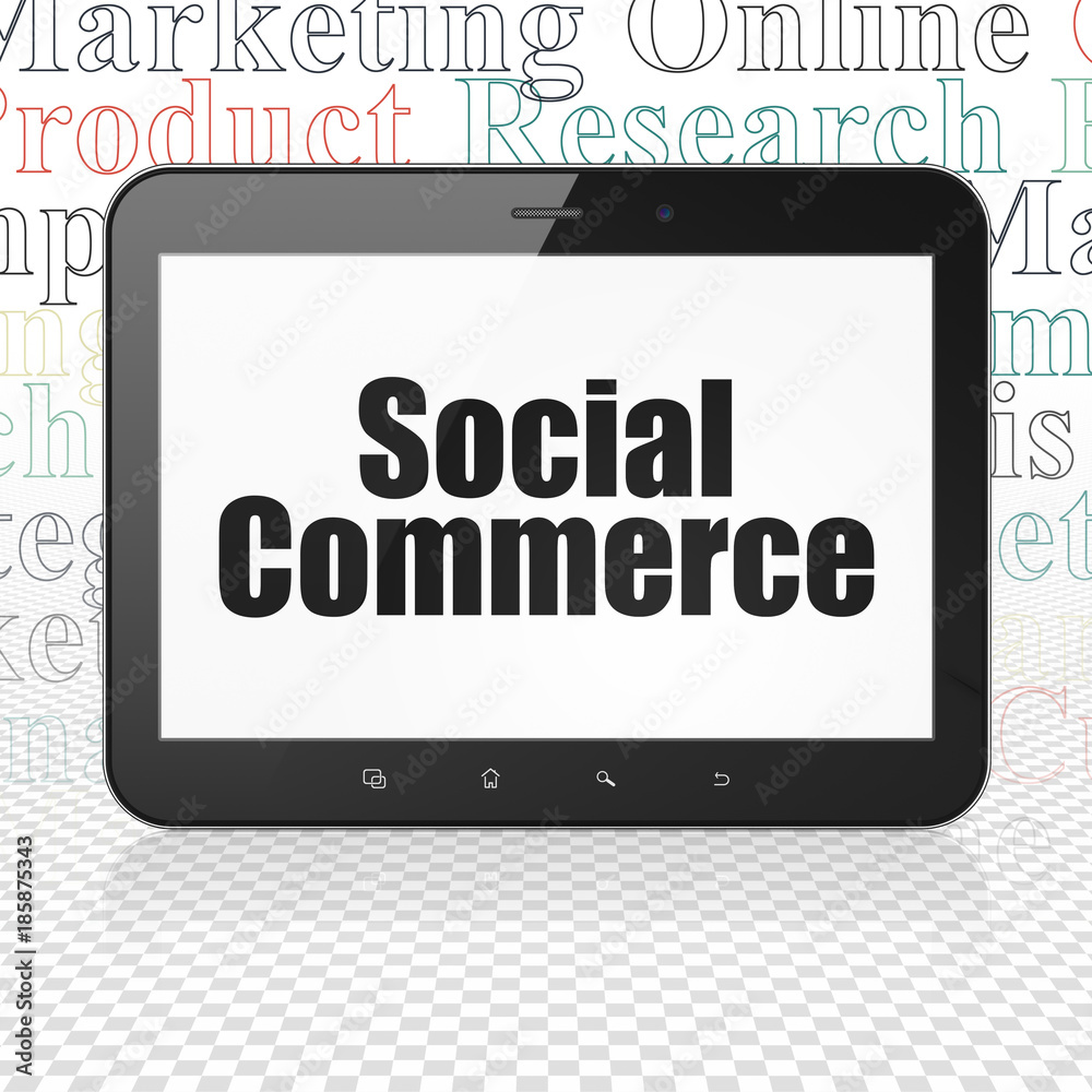 Marketing concept: Tablet Computer with black text Social Commerce on display, Tag Cloud background, 3D rendering Marketing concept: Tablet Computer with black text Social Commerce on display, Tag Cloud background, 3D rendering